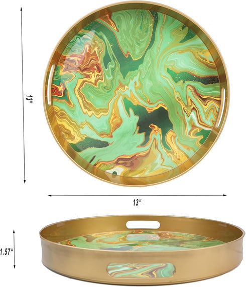 13" Round Green Marbling Decorative Tray with Handles, Morden Plastic Serving Tray for Coffee Table Bathroom, Ottoman