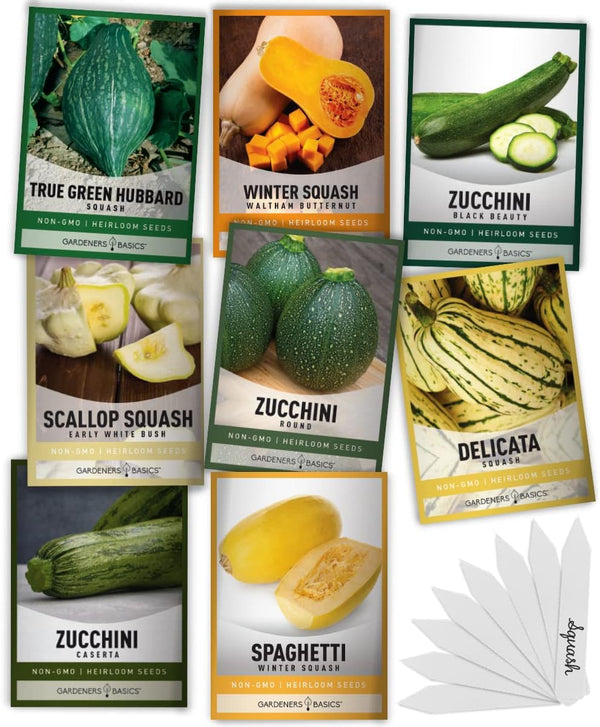 Gardeners Basics, 8 Squash Seeds for Planting Individual Packets - Zucchini, Delicata,