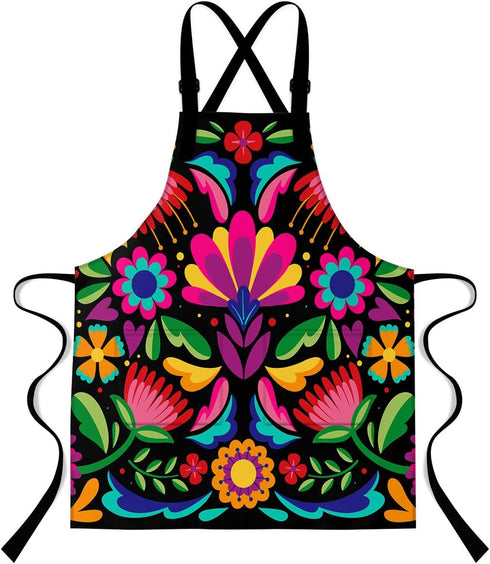 LshyMn Mexican Apron,Mexican Floral Apron,with 2 Pockets 33.4x27.5 Inches Colorful Plant Flower Leaf