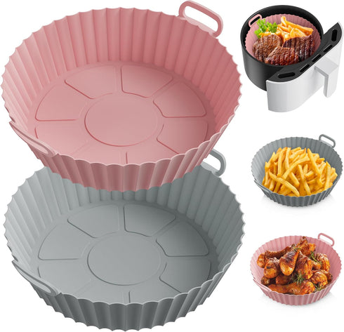 ME.FAN Air Fryer Silicone Liners, 2 Pack for 4 to 7 QT, Reusable Basket with Handles & Holes, Rose Pink & Light Grey