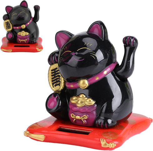 Lucky Beckoning Cat, Solar Powered Waving Wealth Cat, Feng Shui Decor, 3" Tall, Black