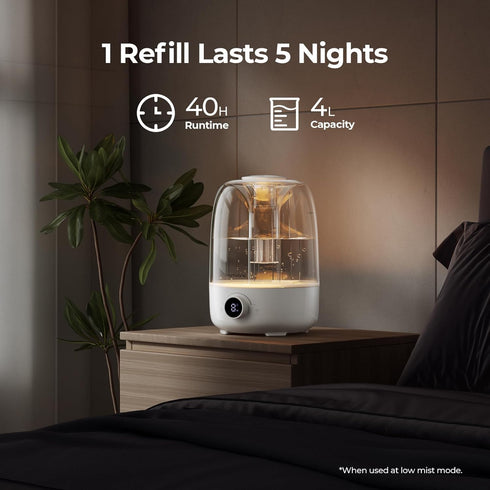 3.5L 40H Homvana Humidifiers for Bedroom Diffusers - Top Fill Cool Mist Humidifier Large Room, Runtime Diffusers