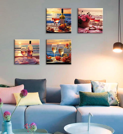 Sunset 12"X12"X4 Kitchen Decor Dining Room Wall Art Wine Glass Still Life Fruit Goblet Canvas Prints Artwork Beach