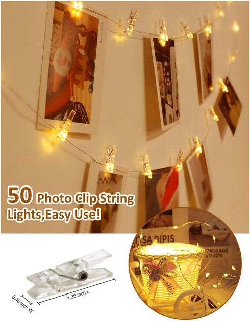33FT 100 50 8 Photo Clip String Lights with Remote, LED Battery Operated String Lights, Waterproof Copper Wire Starry