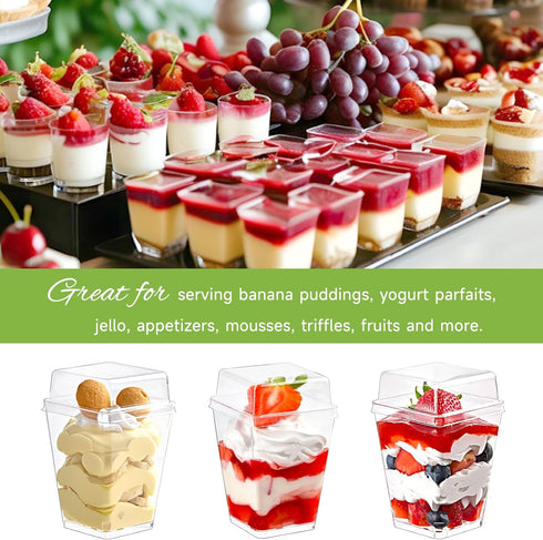 50 Pack 5 oz Qeirudu Dessert Cups with High Lids and Spoons, Mini Plastic Yogurt Parfait Cups Square Party Serving Cup