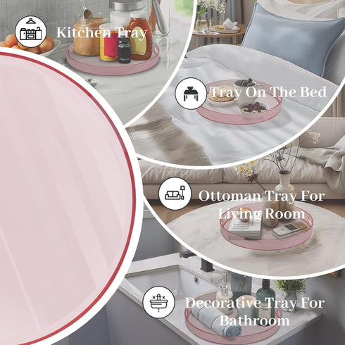 13" MAONAME Clear Round Serving Tray with Handles, Plastic Clear Tray, Round Pink Decorative Trays for Coffee Table