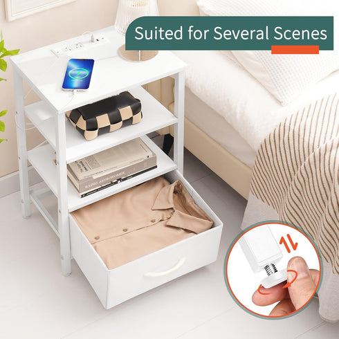 3-Tier Yoobure White Night Stand with Charging Station, LED Nightstand for Bedroom, Bedside Tables with Adjustable