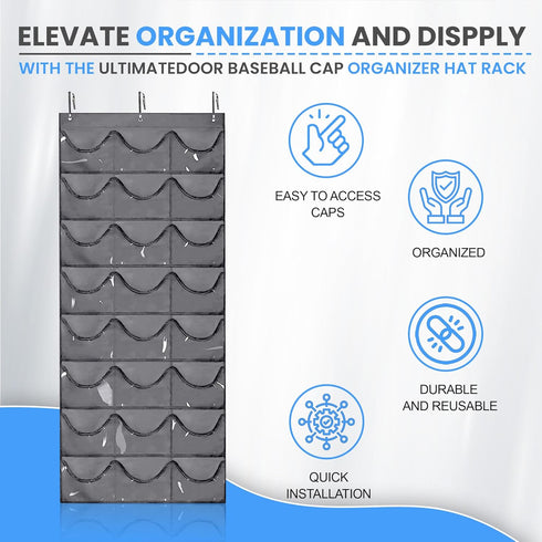 Premium Hat Rack Organizer for Wall or Door, 24 Clear Deep Pockets for Caps, Hooks Included