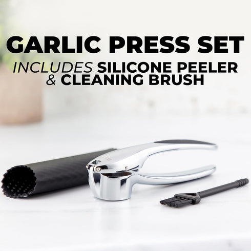 Set Zulay Kitchen Premium Garlic Press Rust Proof & Dishwasher Safe Garlic Mincer Tool with Silicone Garlic Peeler