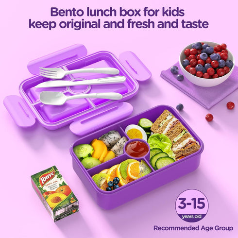 Jelife Lunch Box Kids Bento Box - Large Bento-Style Leakproof 4 Compartments Kids Lunchbox Food Containers with Utensils for Back to School, Reusable On-the-Go Meal and Snack Packing, Purple by Jelife