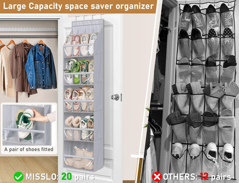 20 Closet 13 MISSLO Pairs Over the Door Shoe Organizer for Narrow Hanging Shoe Rack for Door Hanger Deep Pocket Door