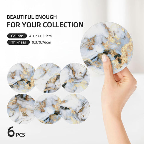 Sets 6 Coasters for Drinks Absorbent with Holder,Abstract White Gold Marble of Durable Cup Coaster for Coffee Table