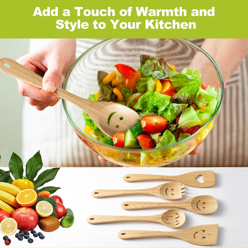 Wooden Cooking Utensil Set - Cute Spatula Set, Funny Bamboo Kitchenware, Unique Mother's Day Gifts for Cooks,
