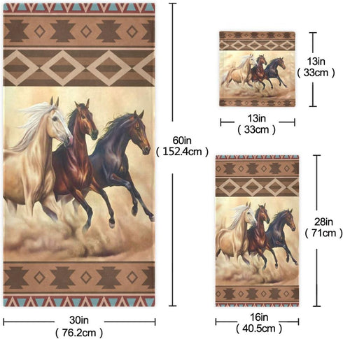 PATINISA Set 3,Azetc Set 1 Towel,1 Towel,1 Boho Bath Towels of Ethnic Style Western Horse,Decoractive Bathroom Towels