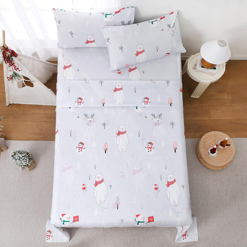 Set Sets 4 Yibeizi Kids Christmas Sheets Full Size, Light Grey Bear Snowmen Printed Sheet for Boys Girls, Cute