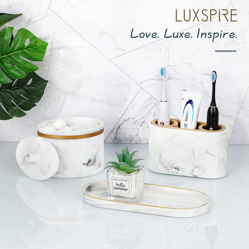 Luxspire Marble Ceramic Bathroom Vanity Tray, Decorative Countertop Organizer for Soap, Candles, and Jewelry