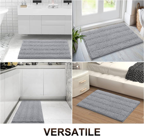 Grandaily Chenille Striped Bathroom Rugs 30x20 - Extra Thick Absorbent Non-Slip Plush Bath Mats, Grey