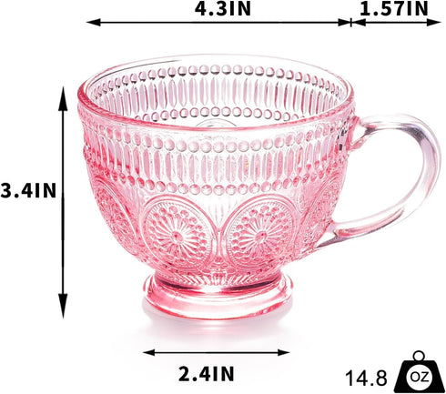 Handle-14 oz (4) Vintage Glass Coffee Mugs with Pink Embossed Glass Cups for Cappccino, Latte, Cereal, Yogurt, Tea