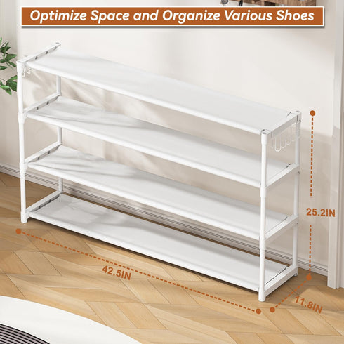 4 2 Closet 26Pairs, LUKYTOWER Extra Long Shoe Rack Tier Shoe Storage Organizer with Hooks, Wide Stackable Shoe