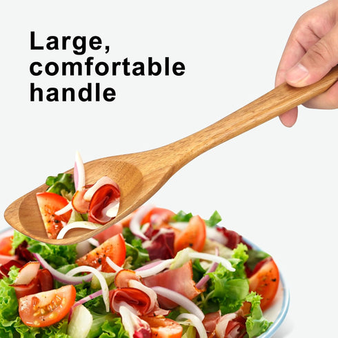Large Wooden Cooking Spoons, Acacia Spatula for Mixing and Serving, Non-Stick Kitchen Utensils, Long Handle Spoon