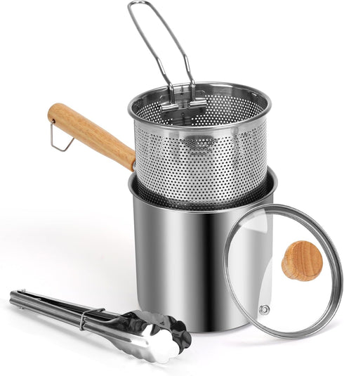 Small Deep Fryer Pot with Basket, Mini Fryer and Soup Pot with Tongs and Lid, 1.3-Quart