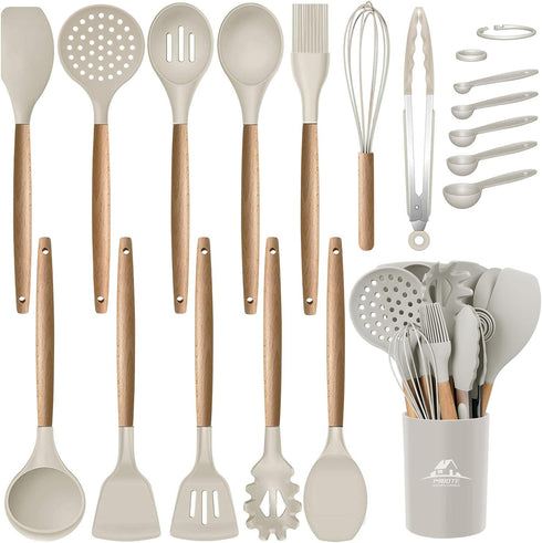 MIBOTE 17 Pcs Silicone Cooking Utensils Set with Holder - Non-Toxic BPA Free Kitchen Gadgets for Nonstick Cookware