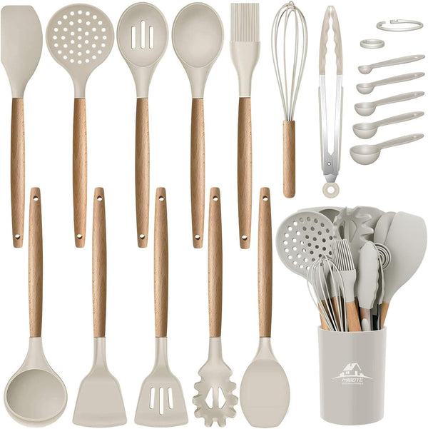 MIBOTE 17 Pcs Silicone Cooking Utensils Set with Holder - Non-Toxic BPA Free Kitchen Gadgets for Nonstick Cookware