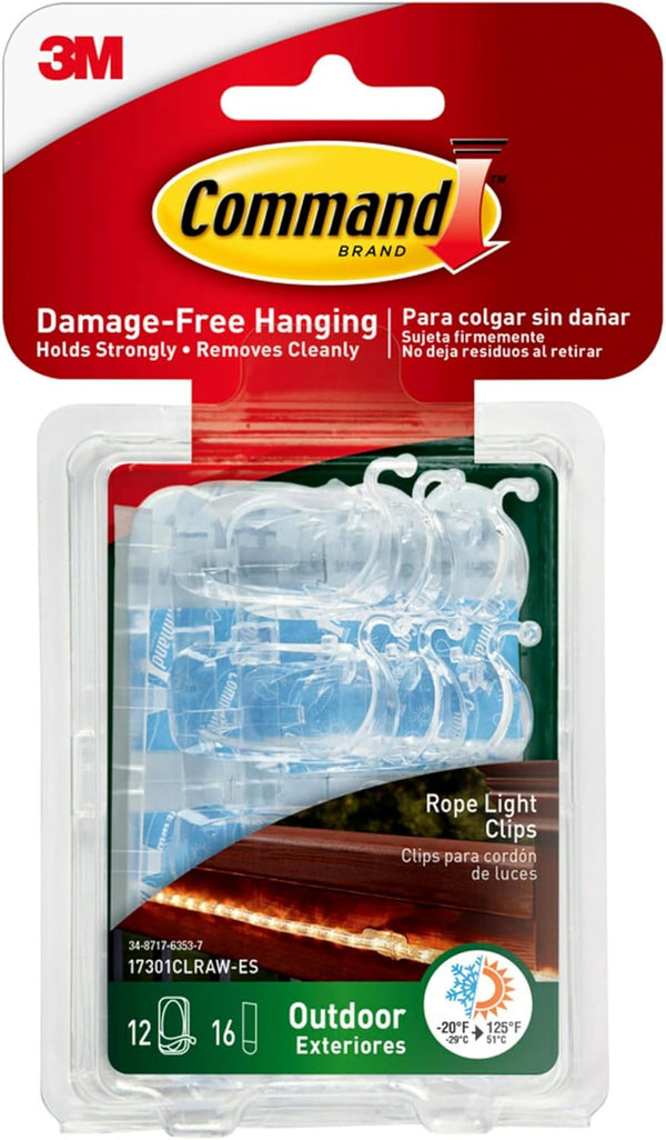 Command Outdoor Rope Light Clips, 12 Hooks and 16 Command Strips, Damage