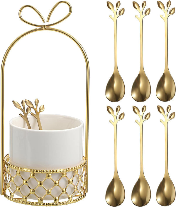 ELLDOO Coffee Spoon Set, 8 Stainless Steel Gold Leaf Coffee Spoons with White Ceramic Holder