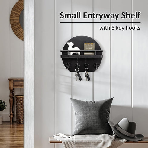 Key Holder for Wall, 9.8 Inch Apartment Decor with Shelf and 8 Key Hooks, Black Wood Hanger