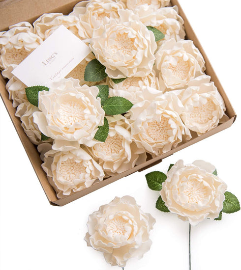 Ling's Moment Flowers - 16pcs Cream Blooming Peonies Artificial Flowers with Stem for DIY Wedding Decorations,