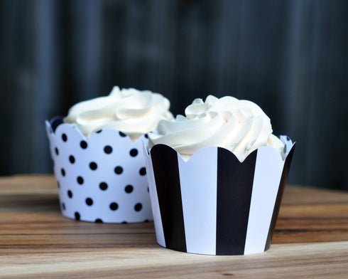 Set of 24 Black and White Cupcake Wrappers for Weddings, Graduations, Birthday Parties, Baby Showers