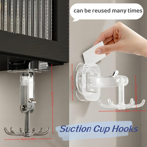 Hanging Utensil Holder Hooks, Kitchen Hanger Wall Mount 360° Rotating Folding Hook, Strong Suction Cup Rack with 6