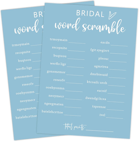 Blue Theme Bridal Shower Games for 25 Guests - Bridal Word Scramble with Answer Card for Reception Supplies
