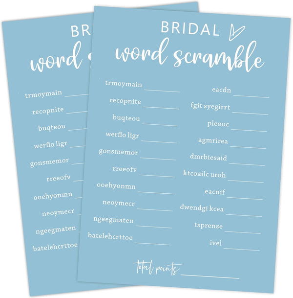 Blue Theme Bridal Shower Games for 25 Guests - Bridal Word Scramble with Answer Card for Reception Supplies