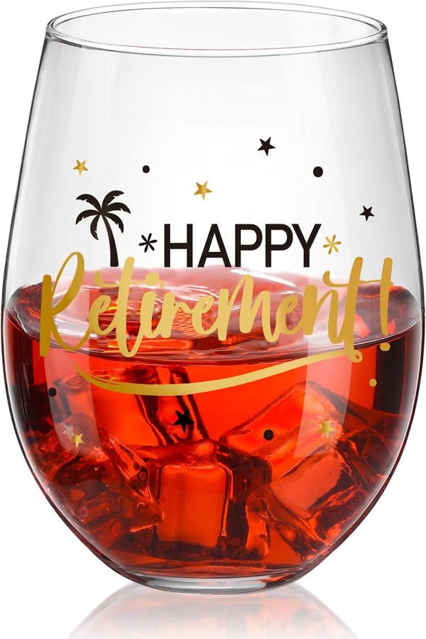 Patelai Happy Retirement Wine Glasses 17 oz, Stemless Wine Glasses for Women Men, Black and Gold Retirement Gift