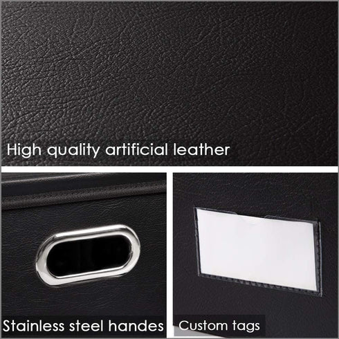 PRANDOM Large Collapsible Storage Bin with Lid, Black Leather Fabric Foldable Box Organizer for Home, 1-Pack.