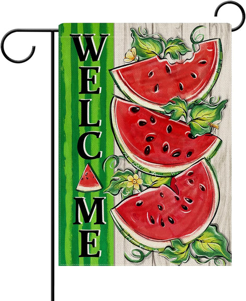 Welcome Summer Watermelon Decorative Garden Flag 12x18 Inch Double Sided Rustic Green Stripes Outdoor Home Decor