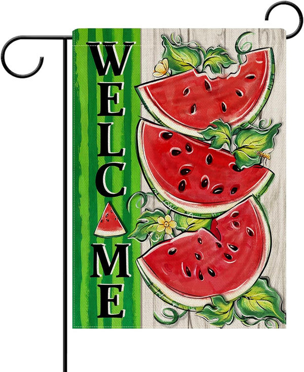 Welcome Summer Watermelon Decorative Garden Flag 12x18 Inch Double Sided Rustic Green Stripes Outdoor Home Decor