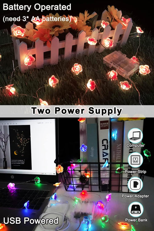 2 Pack 13ft Battery Operated String Lights Indoor, Cherry Blossom Bedroom Lights, Color Changing Flower Lights