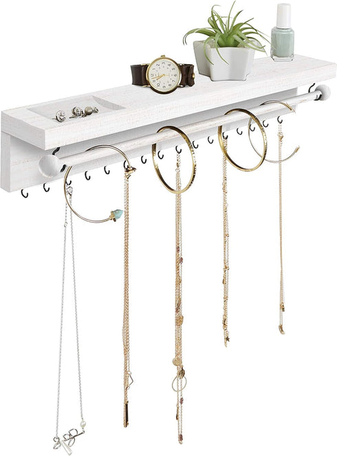 Rustic White Necklace Jewelry Organizer - Wall Mount Jewelry Holder for Necklace, Earrings, and Rings