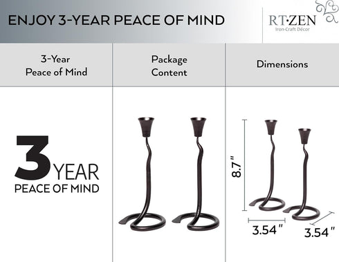 RTZEN Decorative Taper Candle Holders: Modern Wrought Iron Blacksmith Large Farmhouse Candlestick Holders, 2 Pack