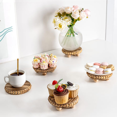 HouseJoy 2Pcs Wood Risers for Display Decorative,Round Beaded Riser Distressed for Decor ,Wooden Farmhouse Coasters