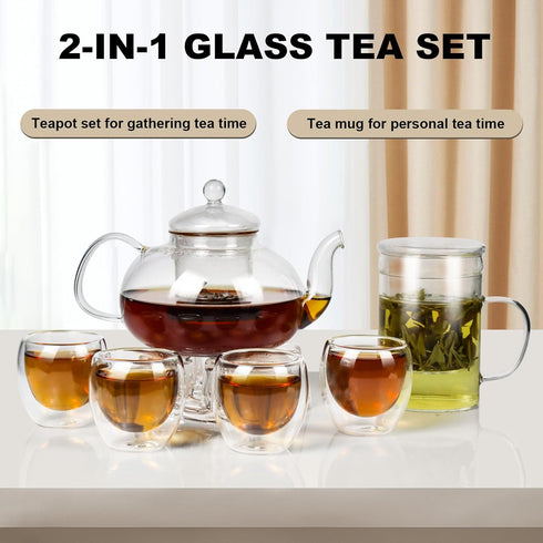 2-IN-1 Sets 4 Glass Tea for Adults - Includes Glass Teapot and Mug with Infuser, Warmer Base, Double Wall Glass Tea Cup
