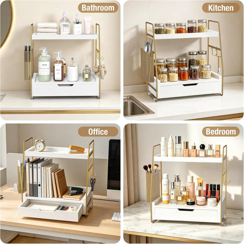 ROPALINS 2-Tier Counter Counter 13'' Bathroom Organizer with Drawer & Removable Basket, Wood & Metal Vanity Organizer