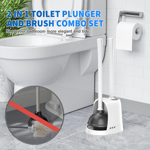 Toilet Plunger and Brush Set - Heavy Duty Silicone Bowl Brush and Plunger Combo with Ventilated Holder, White