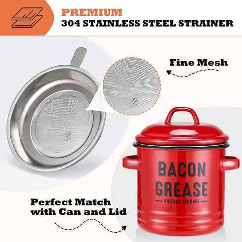 46OZ Bacon Grease Container with Strainer - Large Red Kitchen Oil Storage Can, Food Saver Bin with Lid | Farmhouse