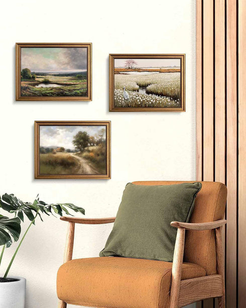 Framed Vintage Wall Art, Classical French Landscape Painting, Wildflowers Field Canvas Print for Kitchen and Living Room