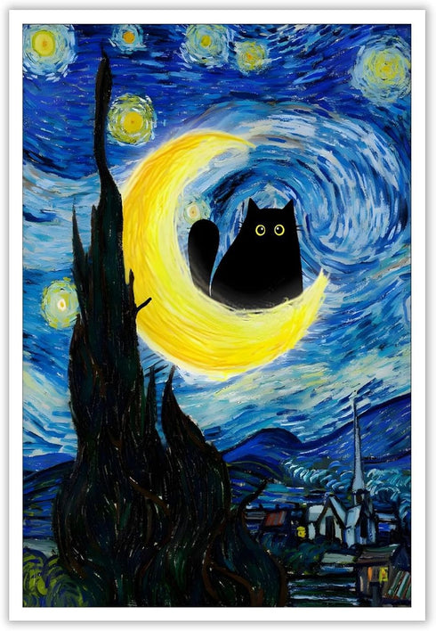 TYOHU Funny Starry Night Cat Canvas Wall Art, 24x36in Unframed Black Cat Poster Colorful Abstract Farmhouse Decor