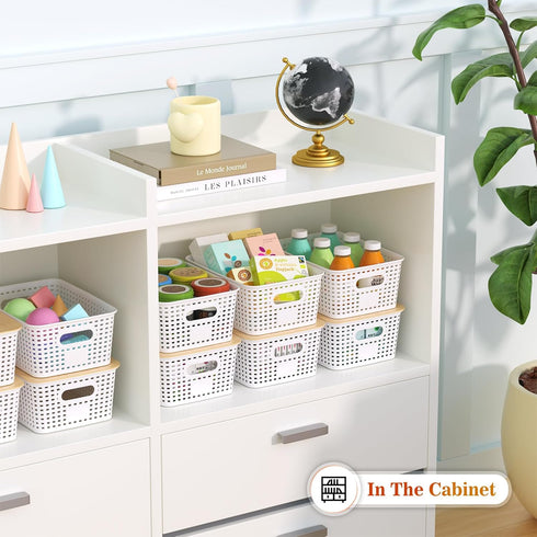 Plastic Storage Baskets with Bamboo Lid, Stackable Storage Containers for Organizing Shelves, Drawers, Desktop (6 Pack)